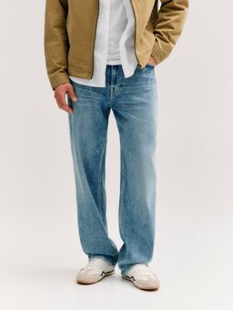 Guess - Men Blue Solid/Plain Cotton Blend Loose Fit Jeans
