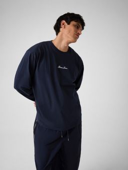 Guess - Men Blue Solid/Plain Pure Cotton Oversized Fit T-Shirt