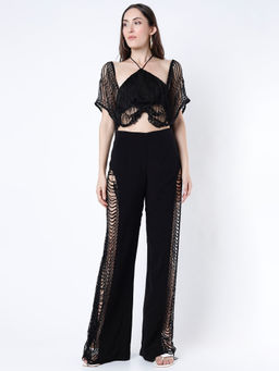 Deme - Lost In You Black Tassel Lace Detailing Crop Top & Side Panelled Lace Pants (Set Of 2)