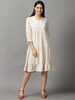 SHOWOFF - Womens V-Neck Knee Length Cream Floral Dress