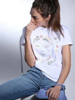 VERO MODA - White Sketch face Cotton T-Shirt