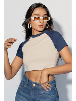FREAKINS - Cream Crew Neck Colorblock Top