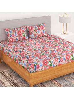 Story@Home - Pink Bedspun Polyester Floral Bedsheet with Pillow Covers (Queen)