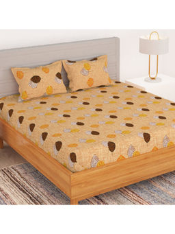 Story@Home - Yellow Bedspun Polyester Leaf Bedsheet with Pillow Covers (Queen)