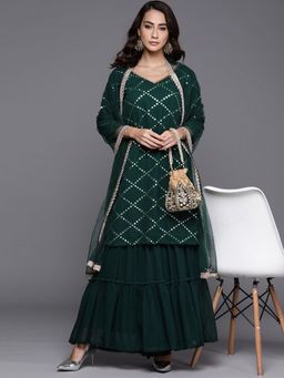 Libas - Women Green Georgette Embellished Kurta with Dupatta and Dupatta (Set of 3)