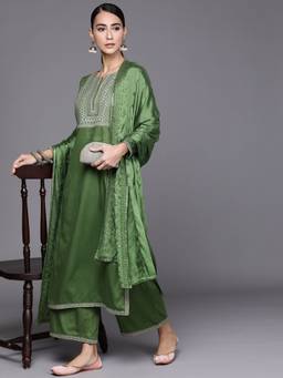 Libas - Women Green Silk Blend Embroidered Kurta with Palazzo and Dupatta (Set of 3)
