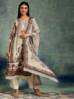 Libas - Women Beige Silk Blend Printed Kurta with Pant and Dupatta (Set of 3)
