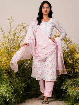 Libas - Women White Linen Floral Printed Kurta with Pant and Dupatta (Set of 3)