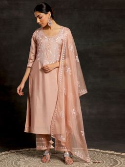 Libas - Women Peach Silk Blend Embroidered Kurta with Pant and Dupatta (Set of 3)