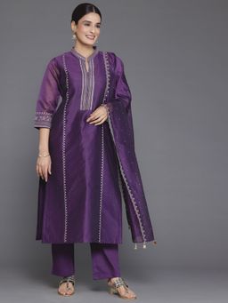 Libas - Women Purple Chanderi Silk Embroidered Kurta with Pant and Dupatta (Set of 3)