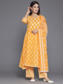 Libas - Women Mustard Pure Cotton Floral Printed Kurta with Palazzo and Dupatta (Set of 3)