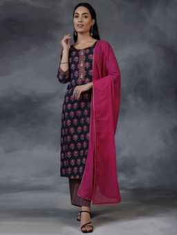 Libas - Women Blue Pure Cotton Floral Printed Kurta with Pant and Dupatta (Set of 3)