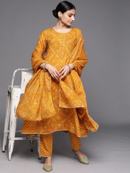 Libas - Women Mustard Pure Cotton Printed Kurta with Pant and Dupatta (Set of 3)