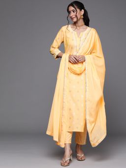 Libas - Women Yellow Pure Cotton Embroidered Kurta with Pant and Dupatta (Set of 3)