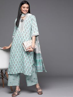 Libas - Women Green Pure Cotton Floral Printed Kurta with Pant and Dupatta (Set of 3)