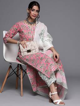 Libas - Women Pink Pure Cotton Floral Printed Kurta with Pant and Dupatta (Set of 3)