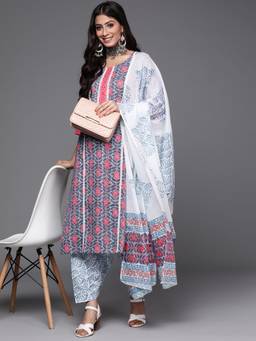 Libas - Women Blue Pure Cotton Floral Printed Kurta with Salwar and Dupatta (Set of 3)