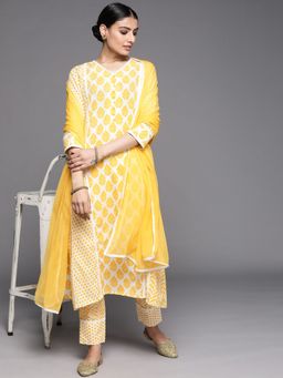 Libas - Women Yellow Pure Cotton Printed Kurta with Pant and Dupatta (Set of 3)