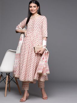 Libas - Women Pink Pure Cotton Floral Printed Anarkali Kurta with Pant and Dupatta (Set of 3)