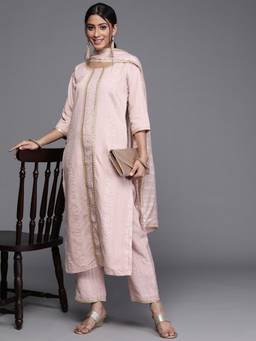 Libas - Women Pink Chanderi Silk Embroidered Kurta with Pant and Dupatta (Set of 3)