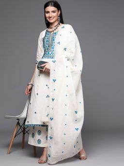 Libas - Women White Pure Cotton Embroidered Kurta with Palazzo and Dupatta (Set of 3)