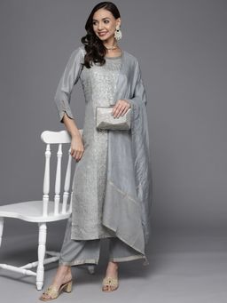 Libas - Women Grey Silk Blend Embroidered Kurta with Pant and Dupatta (Set of 3)