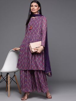 Libas - Women Purple Georgette Printed Kurta with Dupatta and Dupatta (Set of 3)