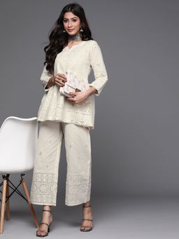 Libas - Women Off White Pure Cotton Embroidered Co-Ord (Set of 2)