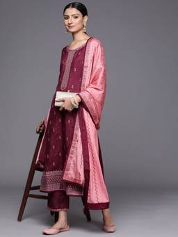 Libas - Women Wine Silk Blend Embroidered Kurta with Pant and Dupatta (Set of 3)