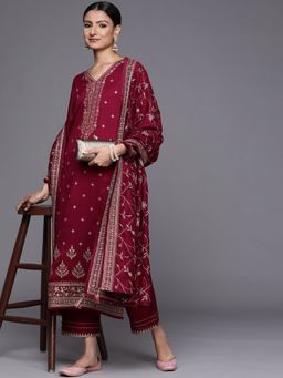 Libas - Women Purple Silk Blend Embroidered Kurta with Pant and Dupatta (Set of 3)