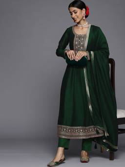 Libas - Women Green Silk Blend Embroidered Anarkali Kurta with Pant and Dupatta (Set of 3)