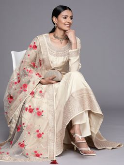 Libas - Women Off White Silk Embroidered Anarkali Kurta with Pant and Dupatta (Set of 3)