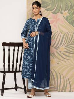 Libas - Women Navy Blue Pure Cotton Floral Printed Kurta with Pant and Dupatta (Set of 3)