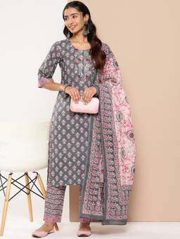 Libas - Women Grey Pure Cotton Printed Kurta with Pant and Dupatta (Set of 3)