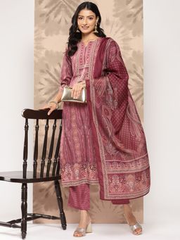Libas - Women Purple Polyester Paisley Kurta with Pant and Dupatta (Set of 3)