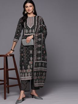 Libas - Women Black Polyester Floral Printed Kurta with Pant and Dupatta (Set of 3)