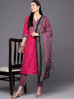 Libas - Women Pink Cotton Blend Floral Printed Kurta with Pant and Dupatta (Set of 3)