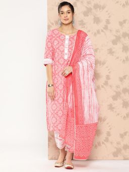 Libas - Women Peach Pure Cotton Printed Kurta with Pant and Dupatta (Set of 3)