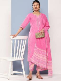 Libas - Women Pink Pure Cotton Printed Kurta with Pant and Dupatta (Set of 3)