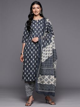 Libas - Women Grey Pure Cotton Printed Kurta with Salwar and Dupatta (Set of 3)