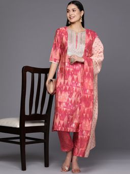 Libas - Women Coral Silk Blend Embroidered Kurta with Pant and Dupatta (Set of 3)