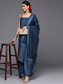 Libas - Women Navy Blue Silk Blend Floral Printed Kurta with Palazzo and Dupatta (Set of 3)
