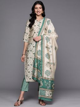Libas - Women Green Silk Blend Floral Printed Kurta with Pant and Dupatta (Set of 3)