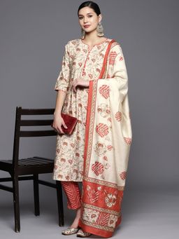 Libas - Women Coral Silk Blend Floral Printed Kurta with Pant and Dupatta (Set of 3)