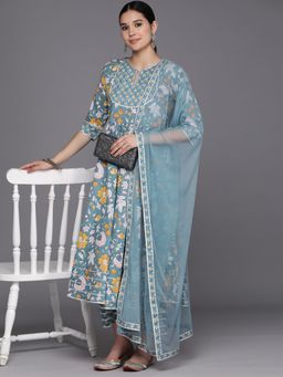 Libas - Women Grey Pure Cotton Floral Printed Anarkali Kurta with Pant and Dupatta (Set of 3)
