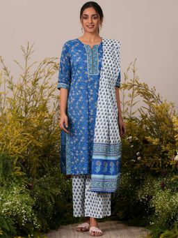 Libas - Women Blue Pure Cotton Floral Printed Kurta with Palazzo and Dupatta (Set of 3)