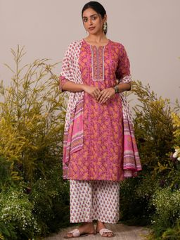 Libas - Women Pink Pure Cotton Floral Printed Kurta with Palazzo and Dupatta (Set of 3)