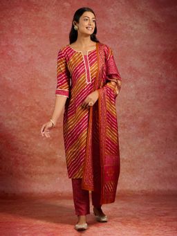 Libas - Women Red Silk Blend Printed Kurta with Pant and Dupatta (Set of 3)