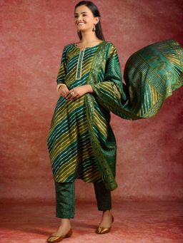 Libas - Women Green Silk Blend Printed Kurta with Pant and Dupatta (Set of 3)
