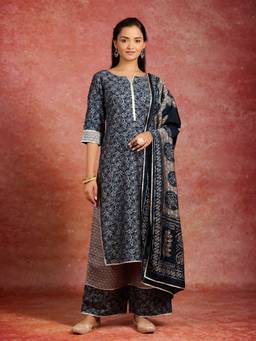 Libas - Women Blue Silk Blend Floral Printed Kurta with Palazzo and Dupatta (Set of 3)